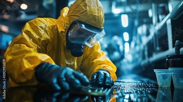 Fototapeta Researchers in protective suits meticulously examine seafloor samples, sharing critical findings with their lab to enhance marine studies.