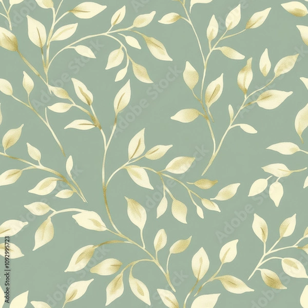Fototapeta botanical pattern, golden leaf outlines on branches against a muted sage green background.