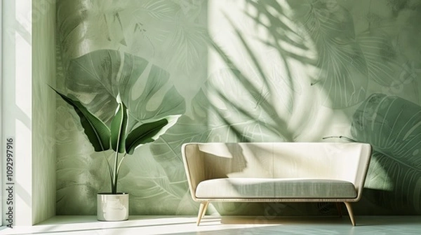 Fototapeta A serene living space featuring a modern beige sofa, potted plant, and tropical leaf-patterned wall.