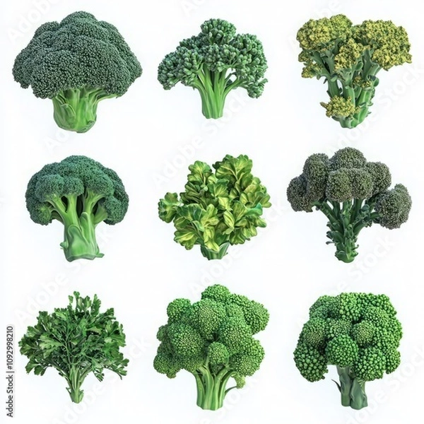 Obraz A collection of various broccoli types displayed in a grid format.