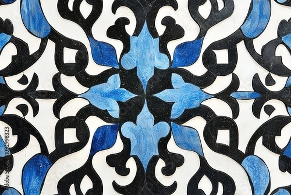 Obraz A blue and white tile design with a blue flower in the center