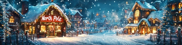 Fototapeta A Christmas scene with a red sign that says North Pole. The scene is filled with snow and houses