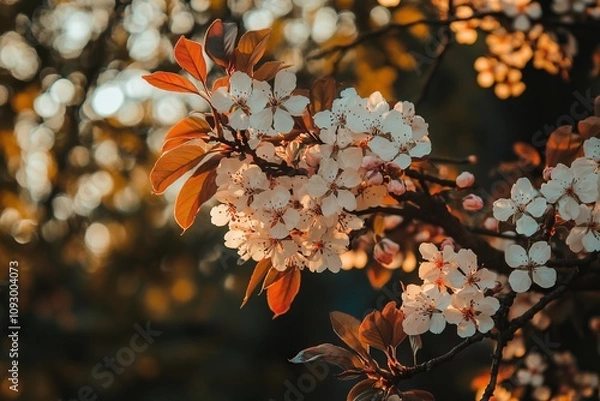 Fototapeta Blooming Tree in Springtime with Sunlight and Bokeh, AI generated illustration