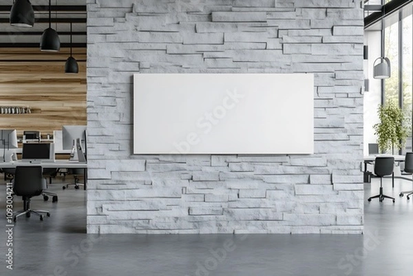 Fototapeta Blank horizontal poster on grey stone wall in modern office. 3D rendering