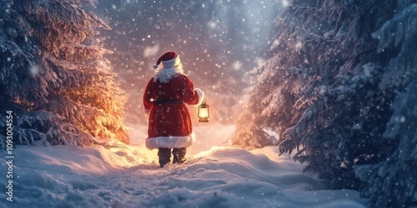 Fototapeta Santa Claus walking through a snowy forest, with a lantern glowing in his hand and pine trees covered in snow