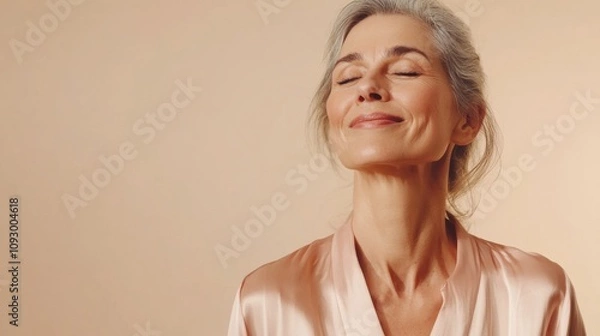 Obraz portrait of a smiling 60 year old beautiful woman with natural makeup in a silk robe on a beige background, beauty and skin care concept,  anti age