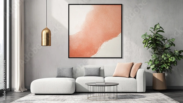 Fototapeta modern style interior room 3d illustration Interior design with sofa, table, chairs and colorful painted frame on the wall of the room, dining room with table and sofa and painting on wall.