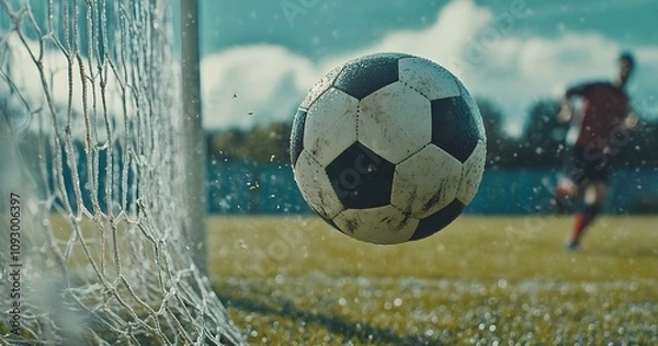 Fototapeta A muddy soccer ball hovers near the goal as a player runs towards it, capturing a dynamic moment in the game.