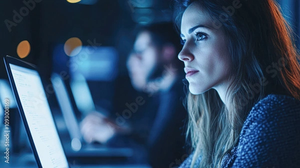 Fototapeta Focused woman working on computer modern office digital workspace evening ambience side view productivity concept