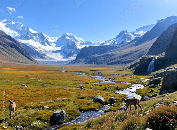 Fototapeta Scenic landscape featuring deer near a river with majestic mountains in the background during bright daylight