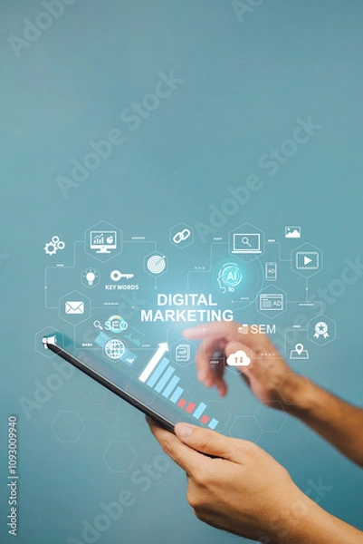 Fototapeta Digital marketing business analytics technology concept. Website adertisement social media network, SEO, SEM video and mobile application icons for strategy.