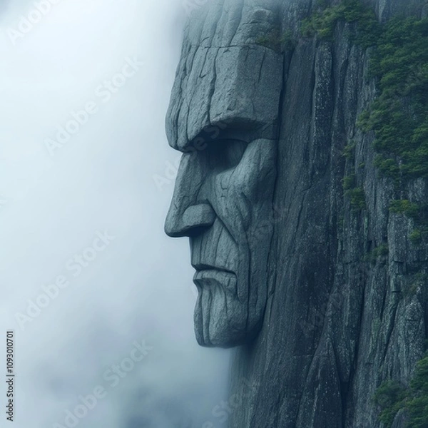 Fototapeta Stone face carved into a mountainside, shrouded in mist.