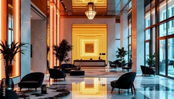 Fototapeta Elegant Art Deco-Inspired Lobby with Gold Accents, Marble Floors, and Plush Seating