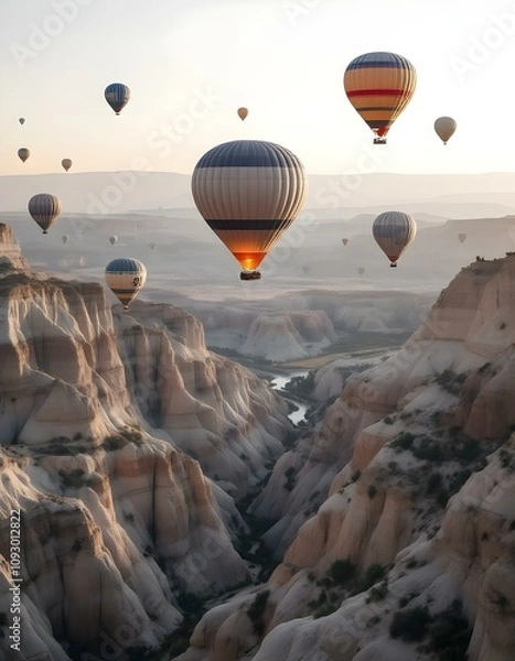 Fototapeta Colorful Hot Air Balloons Floating Over a Vast Canyon at Sunrise with Warm Lighting