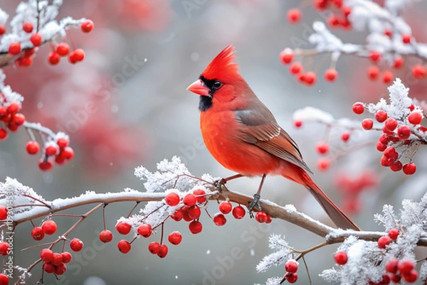 Fototapeta Red cardinal bird on a frosty tree branch with snow red berries in winter, Holiday and Christmas web banner with copy space