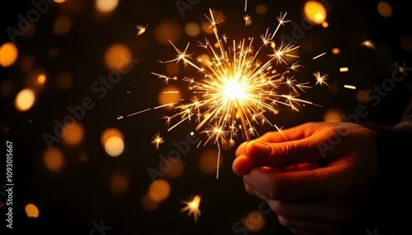 Fototapeta Vector Illustration of a Hand Holding a Sparkler with Bright Sparks on a Dark Background