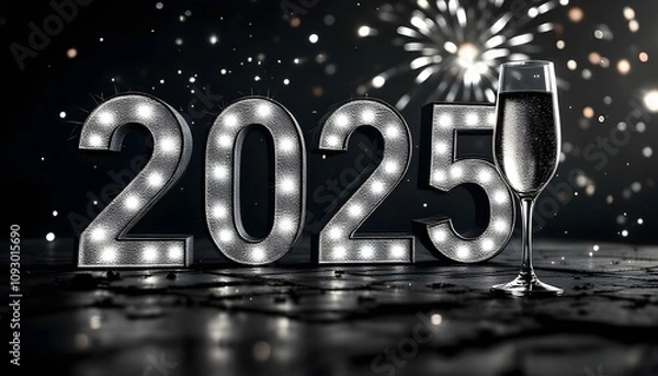 Fototapeta Stylized Vector of ‘2025’ in Glowing Sparkling Lights on a Festive Dark Background