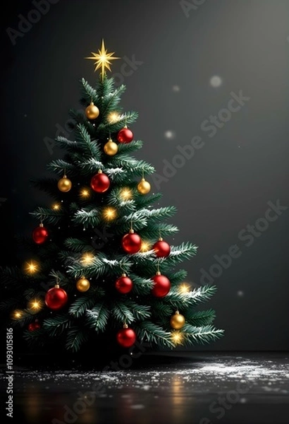 Fototapeta Minimalist Vector Illustration of a Christmas Tree with Red and Gold Ornaments and Star