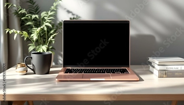 Fototapeta Modern Minimalist Vector Illustration of a Desk Setup with Laptop, Plant, and Coffee Cup