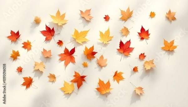 Fototapeta Simple Vector Illustration of Scattered Autumn Leaves in Warm Shades on Beige Background