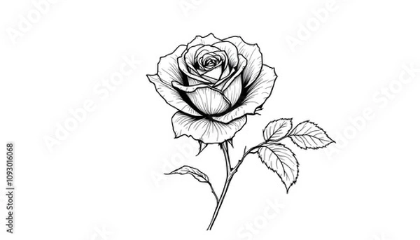 Fototapeta Minimalist Black-and-White Line Drawing of a Rose with Delicate Leaves