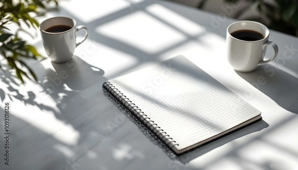 Fototapeta Simple Vector Illustration of a Laptop and Notebook on a Desk in Neutral Colors