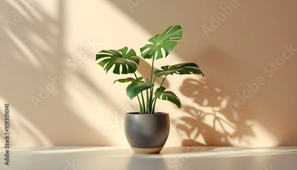Fototapeta Minimalist Vector Illustration of a Potted Monstera Plant with Green Leaves on Pastel Beige