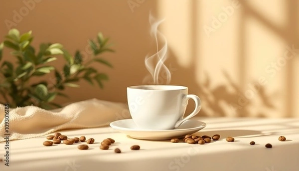 Fototapeta Minimalist Flat Vector Illustration of a Coffee Cup with Steam and Neutral Tones