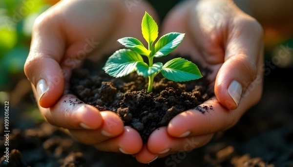 Fototapeta Close-Up of Hands Holding a Young Green Seedling with Sunlit Soil and Leaves
