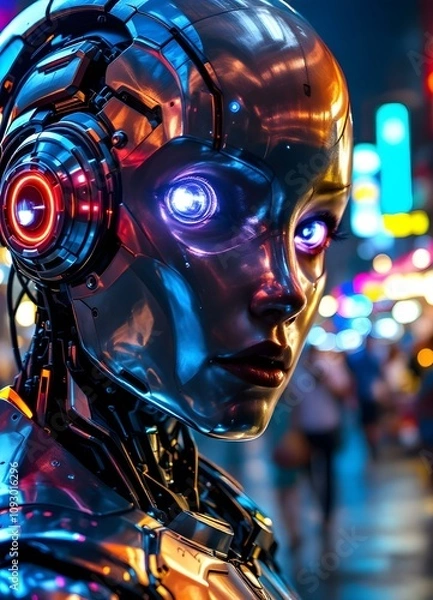 Fototapeta Close-Up of Futuristic Humanoid Robot with Metallic Silver Skin and Neon Lighting