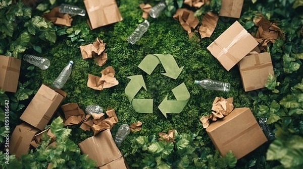 Fototapeta Recycling Symbol Made from Brown Paper Bags, Cardboard Boxes, and Plastic Bottles on Forest Green Grass, Moss, and Leaves. AI generated illustration