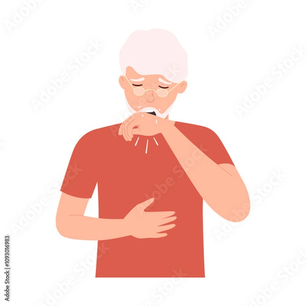 Fototapeta Old man with colds. Sick with chronic cough. Spread bacteria virus. Symptoms throat with phlegm. Flat vector illustration