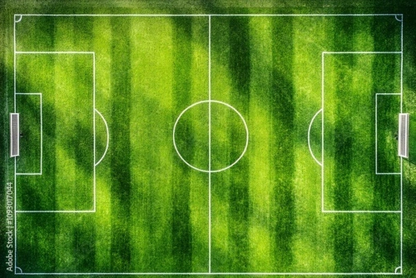 Fototapeta Aerial view of an empty soccer field, vibrant green grass, white lines, and goals.