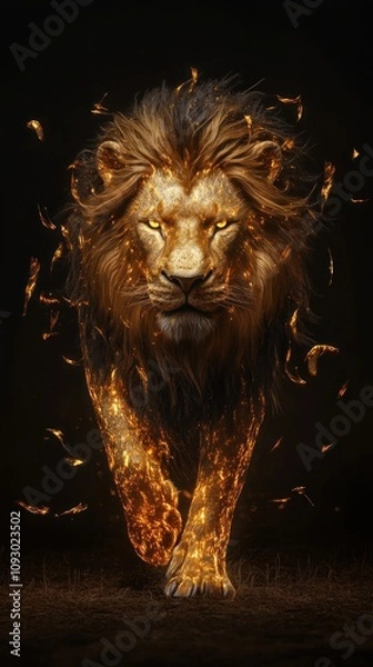 Obraz Glowing lion with enchanting mane surrounded by sparks.