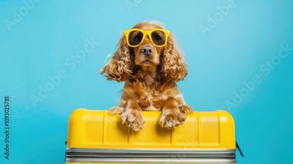 Fototapeta Cool ginger dog in sunglasses sitting on the top of the bright yellow suitcase, blue background. Travel concept.