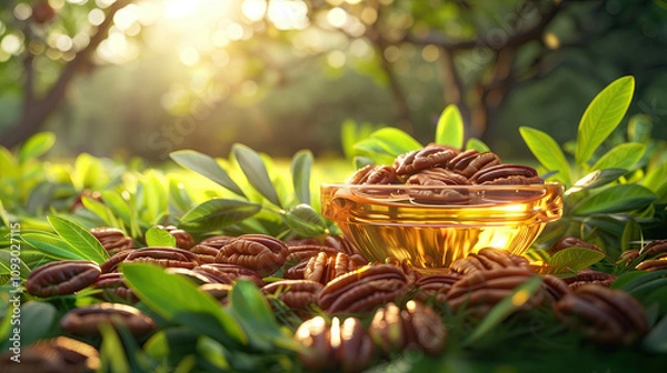 Fototapeta Pecan Extract, Surrounded by Pecans and Vibrant Greenery in the Field