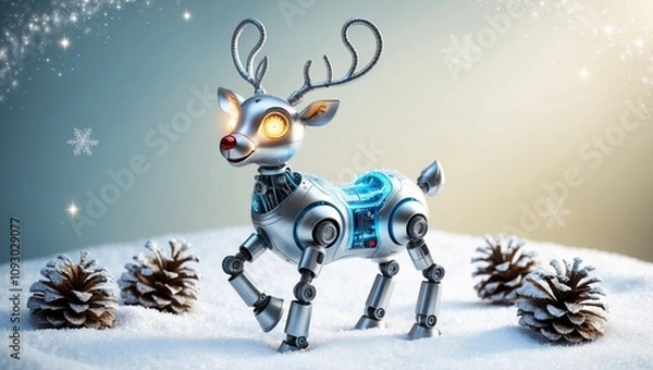 Obraz A whimsical robot reindeer standing in a snowy winter wonderland, its shimmering metallic body adorned with intricate circuits and glowing blue accents