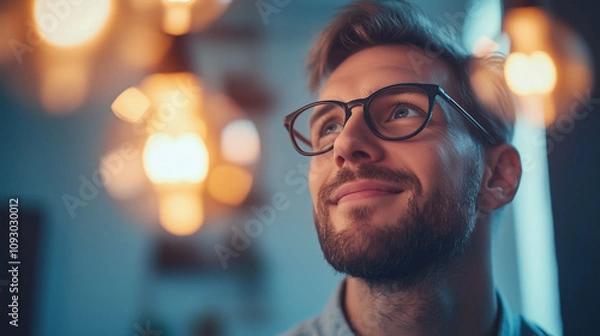 Fototapeta Smiling man in glasses looking at a glowing lightbulb, symbolising a great idea just dawning on him.