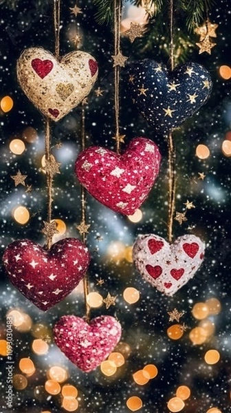 Fototapeta Colorful heart ornaments hang against a sparkling backdrop, capturing the essence of love and festive cheer in a winter setting.