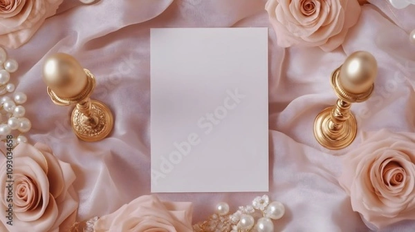 Fototapeta Blank mockup template of an invitation card encircled by blush silk roses, golden candle holders, and delicate pearl accents on a soft fabric base.