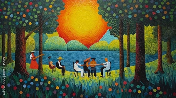 Fototapeta Peace and warmth in the park with the sunset lake