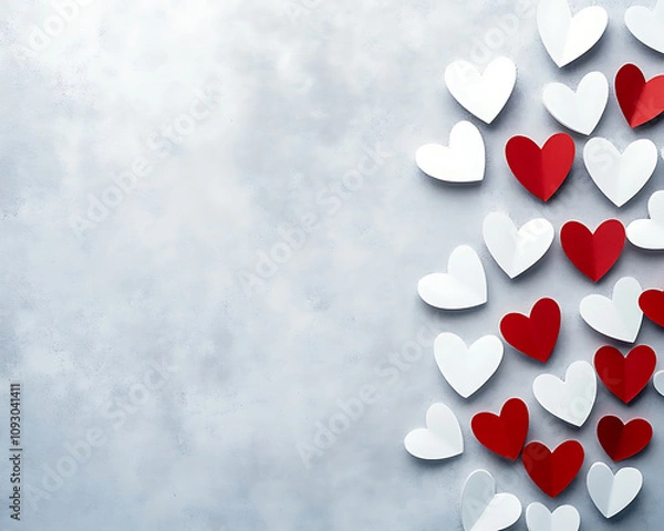 Fototapeta White and Red Paper Hearts Arranged on a Gray Background.A flat lay composition featuring a variety of white and red paper hearts arranged in a diagonal pattern against a textured gray background.