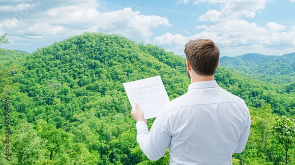 Fototapeta A man is standing in a forest with a piece of paper in his hand