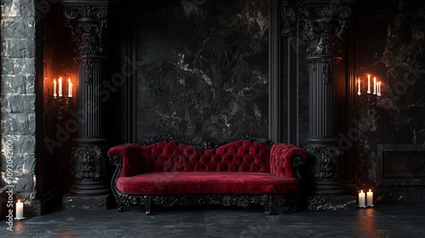 Fototapeta Black Gothic style hall with a red velvet sofa and black stone columns, illuminated by candlelight, creating a dark, atmospheric ambiance.