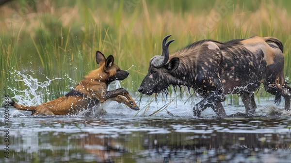 Fototapeta African Wild Dog Lycaon pictus pack attacking buffalo