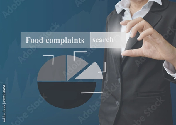 Fototapeta Businesswoman's hands searching for food complaint related information using the search bar function on your website. Hand with chart analysis food complaint, business strategy concept.