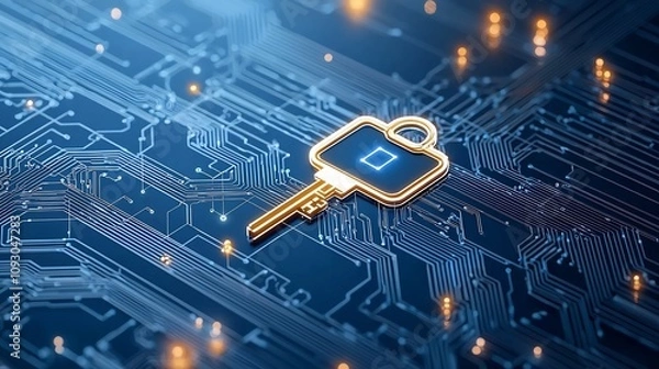 Fototapeta Glowing key symbol within a quantum network representing the concept of quantum secure communication and the advancement of digital data security technologies