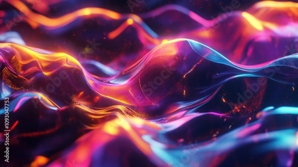Fototapeta Abstract fluid wave of colorful light, dynamically flowing on a black background, rendered seamlessly in 4K
