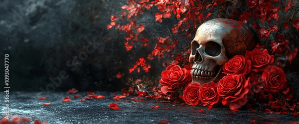 Fototapeta 3D vector illustration of red roses and a skull on a black background, a tattoo design for a t-shirt print, in the style of digital art. Gothic style.