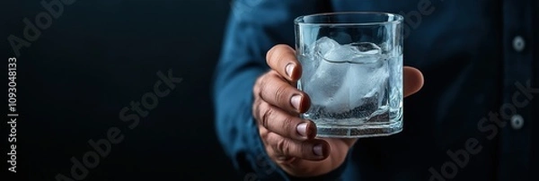 Fototapeta A person gracefully holding a glass filled with ice water, epitomizing simplicity and refreshment, showcasing the importance of hydration in a modern lifestyle.